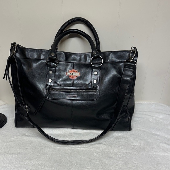 Harley-Davidson-Victoria Secret Black Leather Duffel/Tote Bag - Picture 1 of 15
